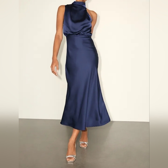 Lulus Dresses & Skirts - Lulus Women's Distinctive Charm Navy Blue Satin Asymmetrical Midi Dress, XS